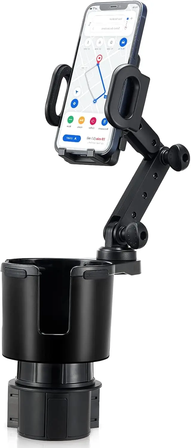 

2-in-1 Car Cup Holder Expander with Adjustable Base & 360° Rotating Phone Mount, Fits Large Bottles and Smartphones up to 4.13"