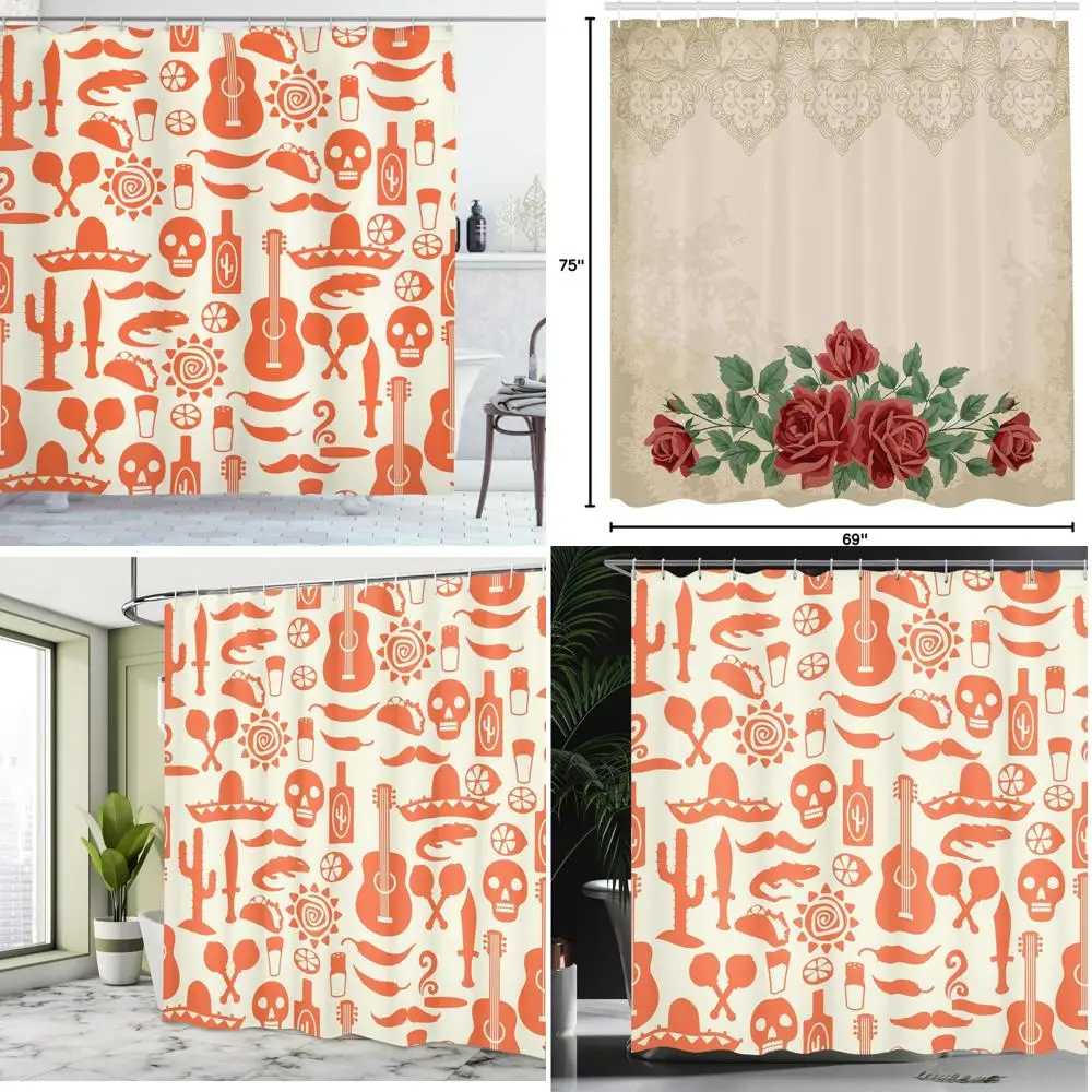 

mexican fiesta shower curtain - sombrero, mariachi, skulls, guitar, tacos, cultural print bath decor