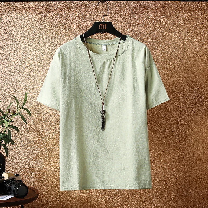 

Pure White Linen Casual Loose T-irt Men's Summer Thin Breathable Cotton Linen ort Sve Basic irt Youth Faion