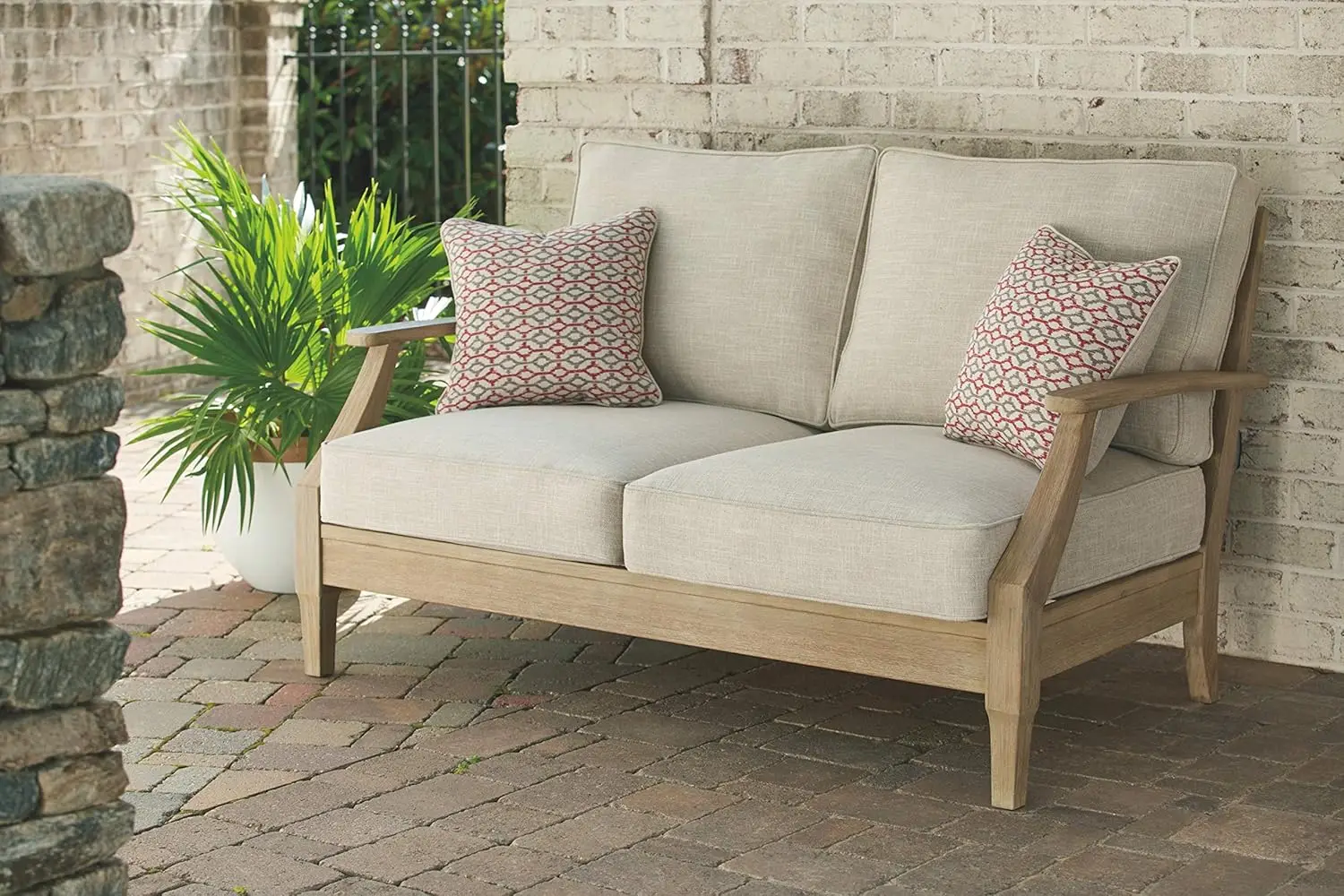 Clare View Coastal Outdoor Patio Eucalyptus Loveseat with Cushions, Beige