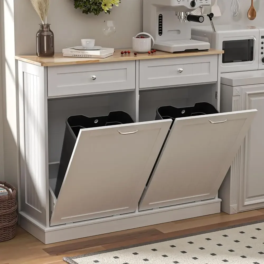 

Kitchen Waste Bin Cabinet with Laundry Hamper, 26 Gallon Pet-Proof Trash Can for Living Room, White