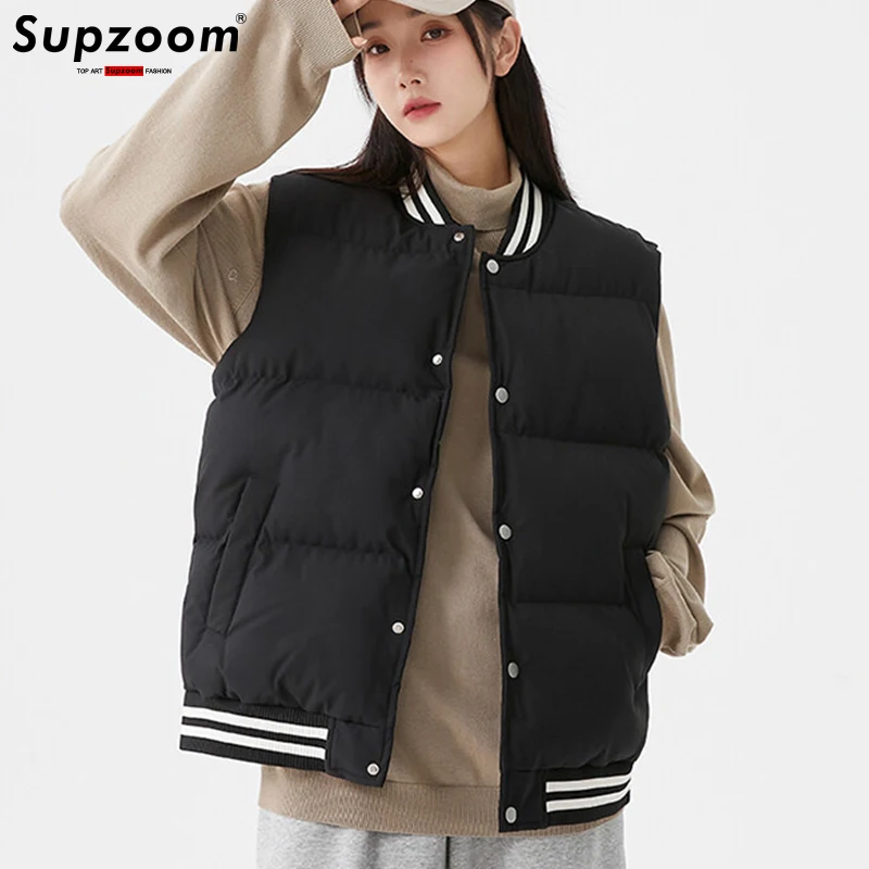 Supzoom-colete casual com gola de couro grande, colete de algodão grosso quente, top fashion, nova chegada, outono e inverno, 2023