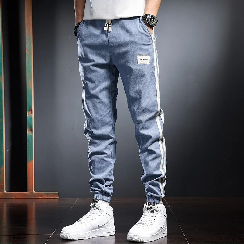 

Jogging Casual Sport Pants Men Summer Streetwear Fashion Side Stripe Elastic Waist Drawstring Joggers Trousers Light Blue Black