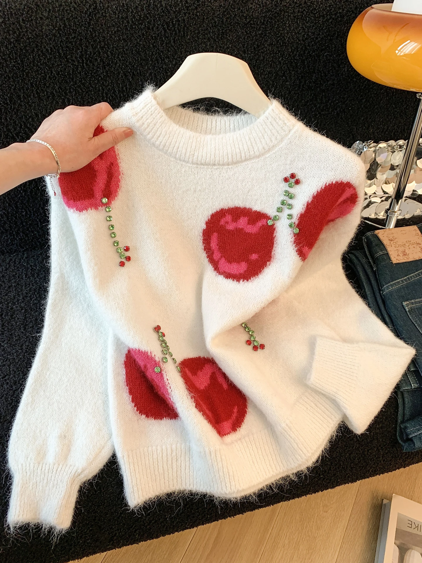 

Женский свитер из шерсти с вышивкой вишней, осенне-зимний, в стиле «lazy», с эффектом высокого класса, мягкий вязаный топ, корейский стиль, свободный крой