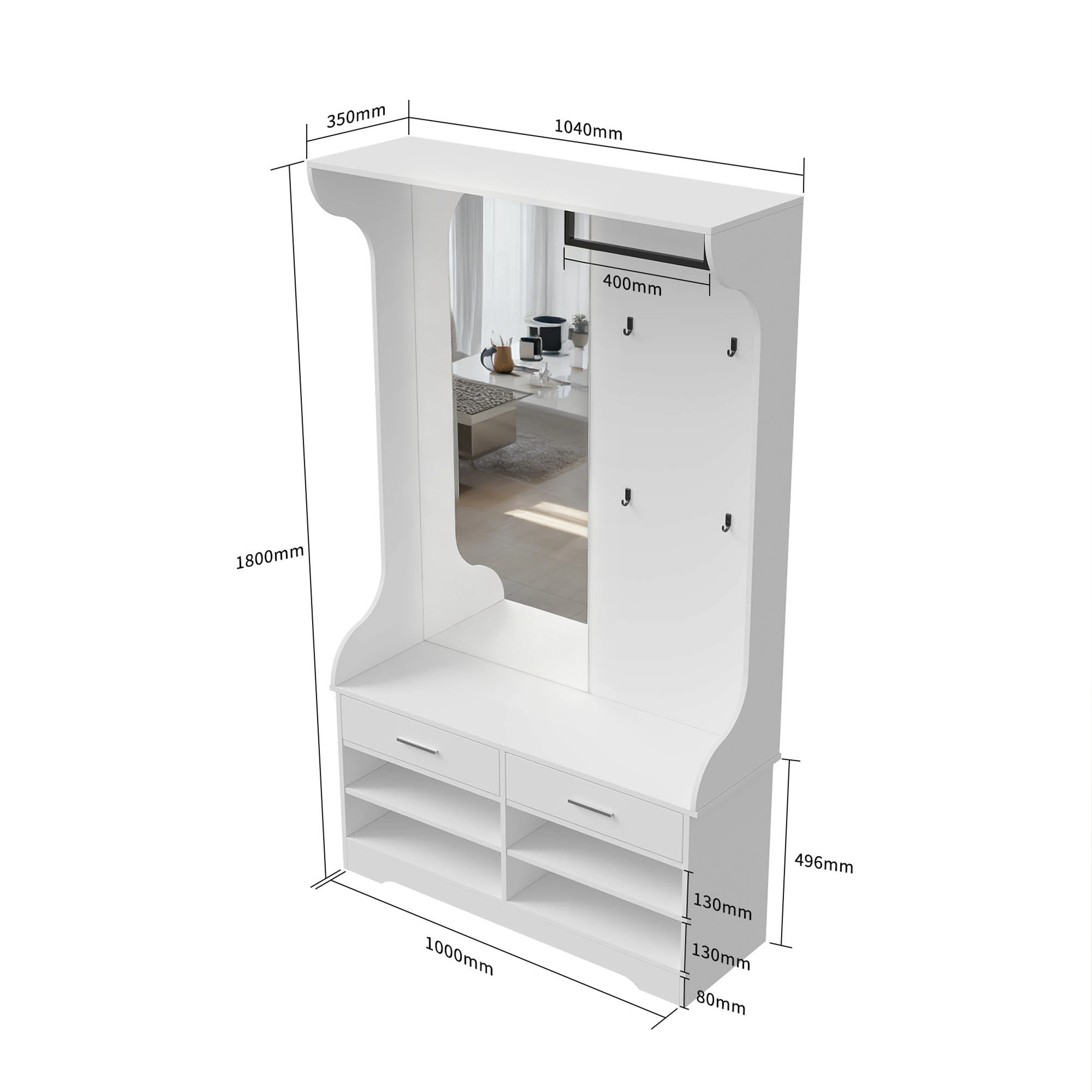 Comanlai kapstokken, open kasten, schoenenkast, met spiegel, haken en laden, voor woonkamer, kleedkamer, garderobe, hal