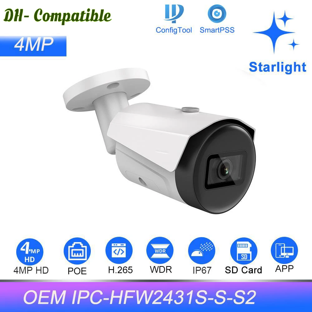  Dahua OEM 4MP Starlight Bullet IP Camera replace IPC-HFW2441S-S-S2 SD Card slot SMD Security Protection Surveillance IP Camera