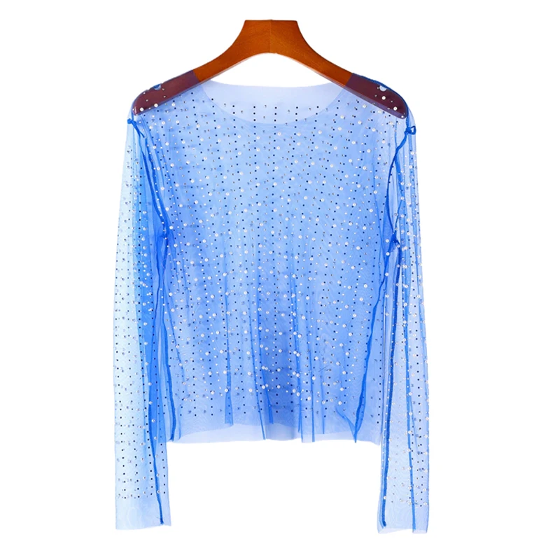 Damen Strass-Transparent-Netz-Top Funkelndes Perlen-Transparent-T-Shirt Bluse Sexy Clubwear Party Festival Rave Konzert Y2K Outfits – Detail 6