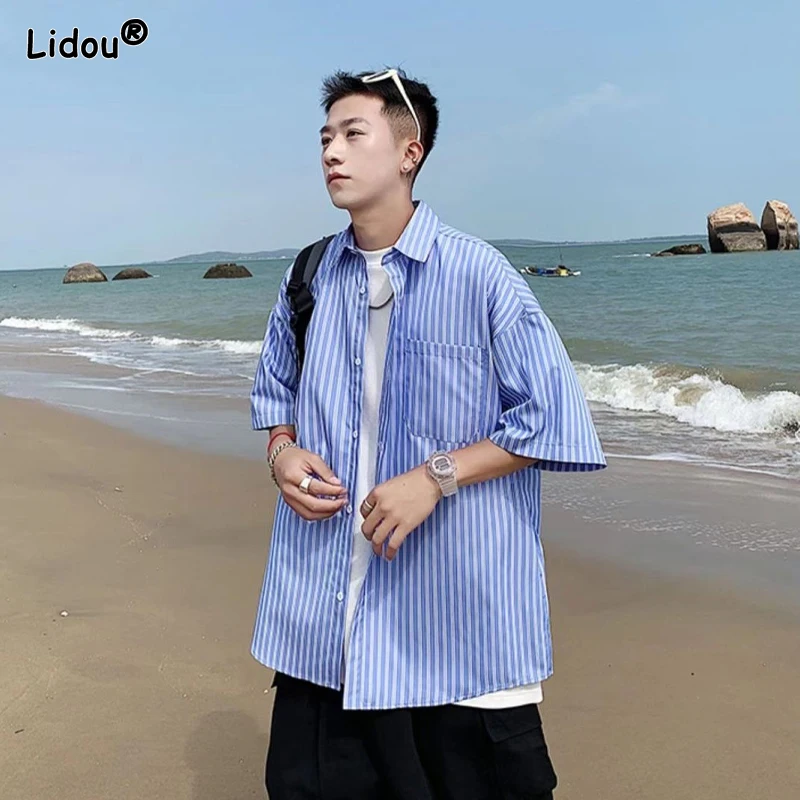 Office Comfortable Turn-down Collar Loose Simplicity Button Striped Shirts Spring Summer Fashion Business Casual Men's Clothing