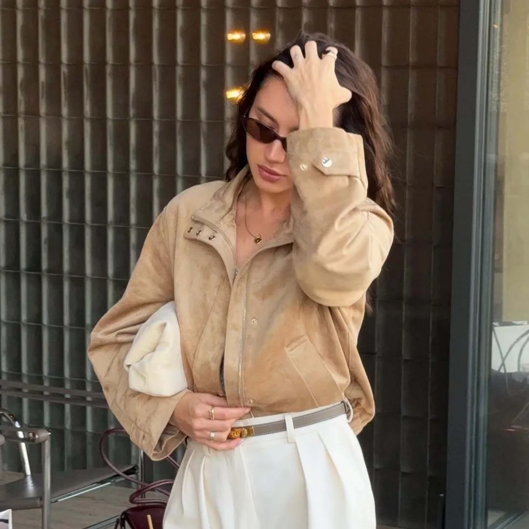 

Short Suede Auutmn Women's Jacket Lapel Collar Long Sleeve Zipper Buttons Slim Coat For Female Daily Commuting Lady's Outwear