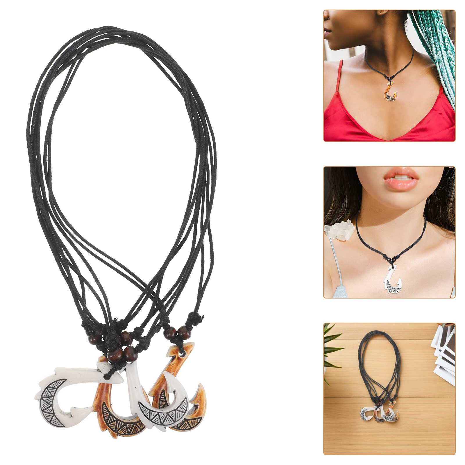

4pcs Resin Ethnic Fish Hook Necklace Lightweight Tribal Boho Pendant Neck Jewelry For Women Men Daily Wear Travel Souvenir