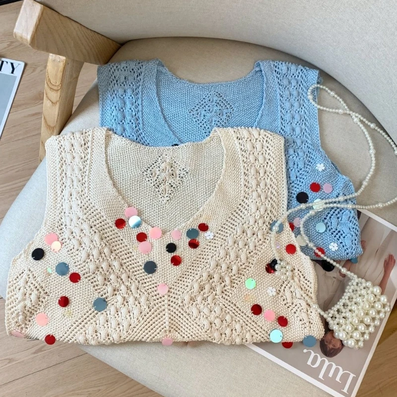 

Aesthetic Crochet Boho Knit Cover-top Beautiful Colored Sequin Design V-neck Knitted Vest Summer Sleeveless Vest Top Beach Sexy
