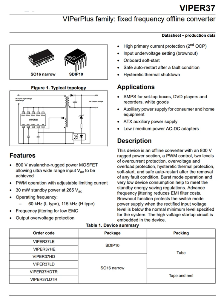 VIPER16L VIPER17L VIPER26L VIPER27L VIPER28L VIPER32 VIPER12A VIPER22A VIPER53 VIPER37L DIP-7 DIP-8 DIP-10 IC chip 5PCS