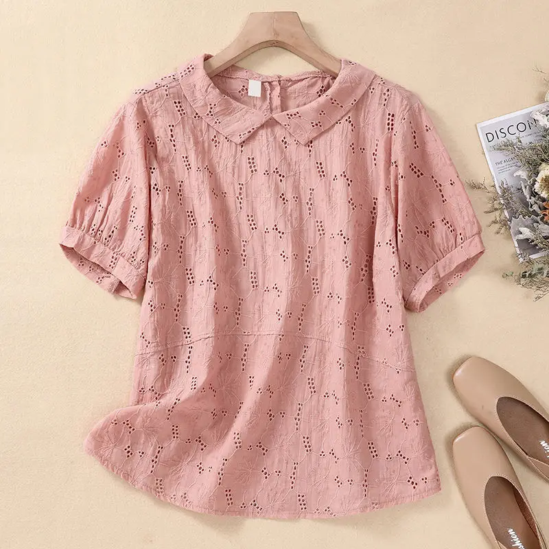 

Women Clothes Hollow Out Feminine Doll Collar Short Sleeve Pullover Office Lady Simplicity Elegant Trend Comfortable Popularity