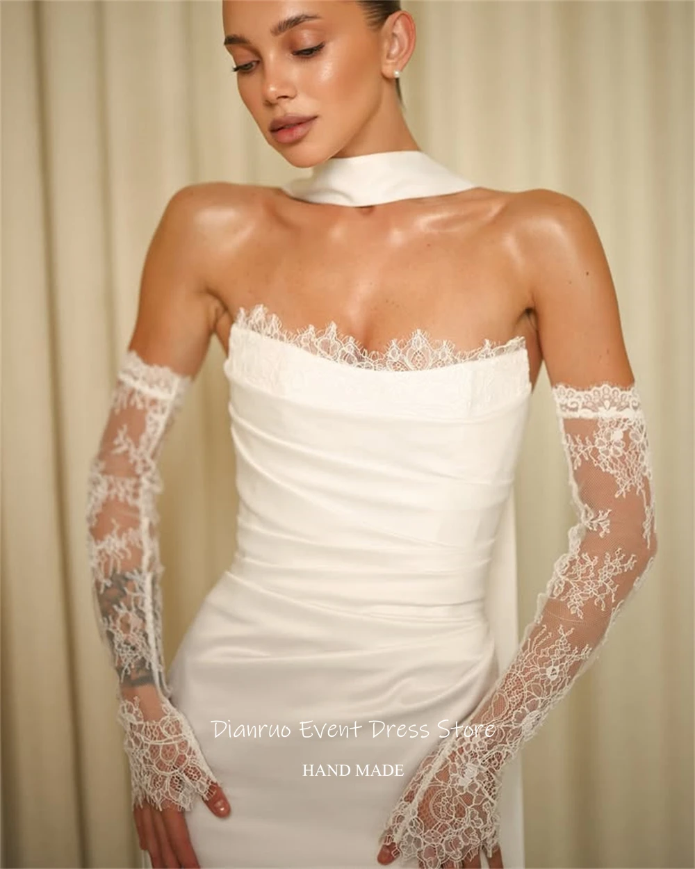 Dianruo Abiti da sposa con applicazioni increspate Sirena senza spalline Abiti da sposa Boda Nastri Abiti da sera in pizzo civile Personalizzati