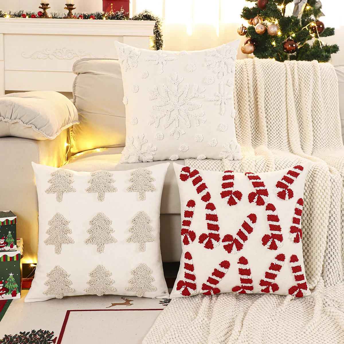 1 PC Christmas Tree Throw Pillow Cover Embroidery Canvas Tufted Snowflake Candy