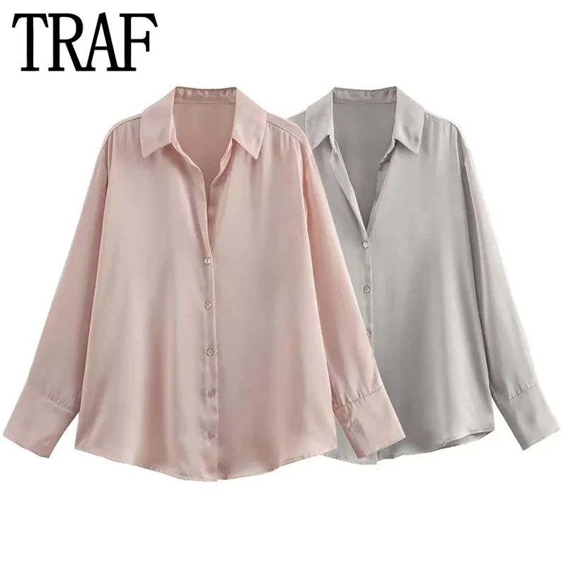 TRAF 2023 Woman Pink Shirt Satin Long Sleeve Blouse Women Collared Button Up Summer Shirt Casual Elegant And Youth Woman Blouses