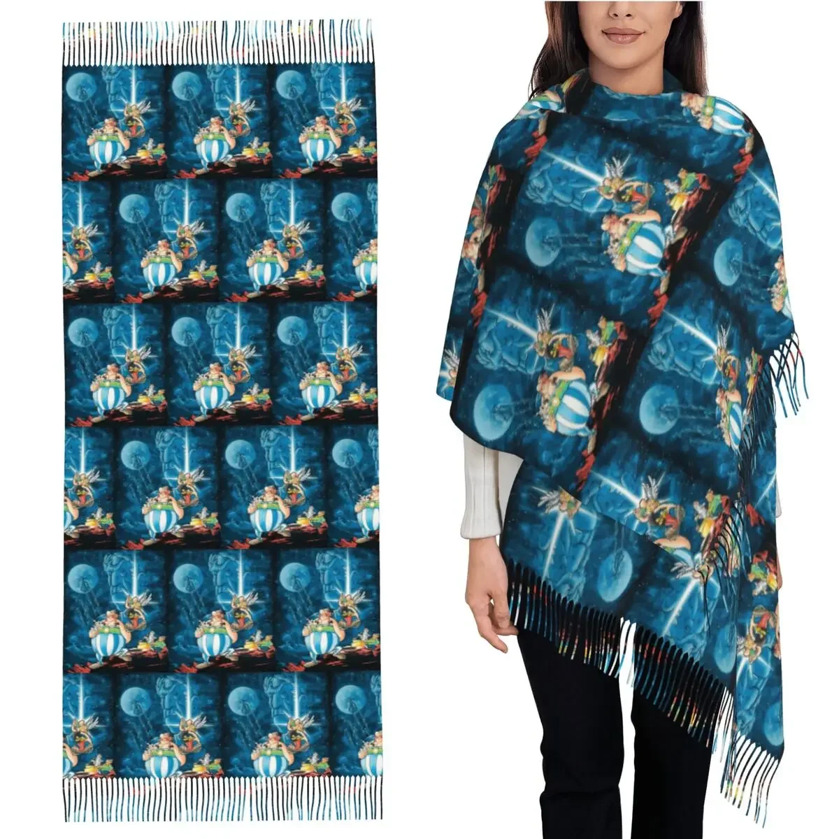 

Шарф Астерикс и Обеликс, шарфы с кисточками, женские мягкие теплые шали и накидки, большая осенне-зимняя шаль