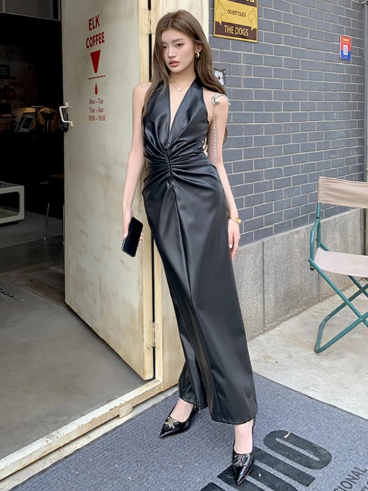 Smthma 2025 nova primavera/verão pendurado pescoço elegante vestido de v profundo couro feminino alta qualidade dobrável sexy sem costas vestido longo