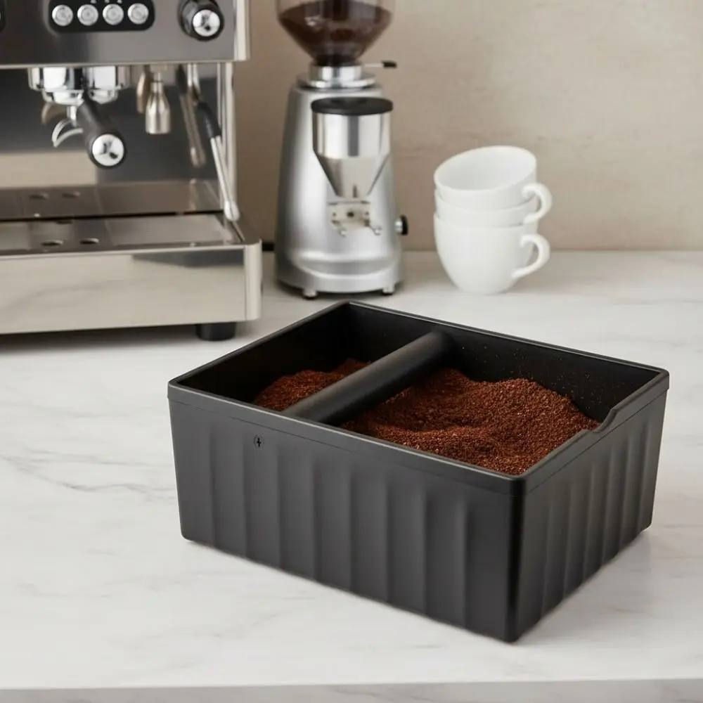 Rectangular Coffee Grounds Tapping Box Large Capacity Anti Slip Base Coffee Knock Box with Tapping Rod Stable