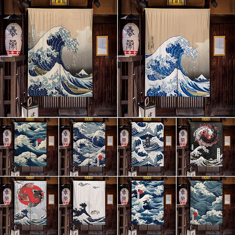 Japanese Linen Partition Door Head Curtain Signboard Restaurant Hanging Flag Curtain Teahouse Fuji Waves Short Curtains Decor