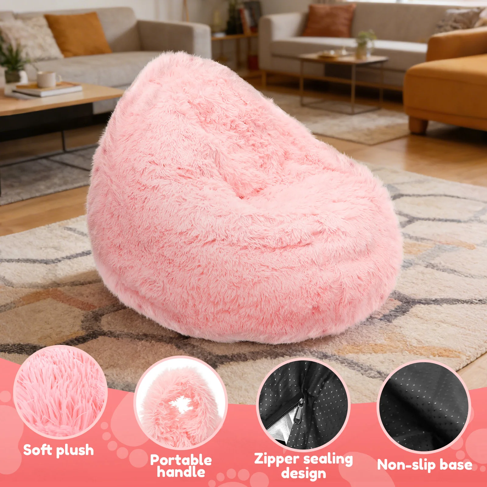 Plush Bean Bag Chair Cover Soft Comfortable Plush Toys Storage Bean Bag Cover with Handle No Filler Indoor Bean Bag Sofa Cover