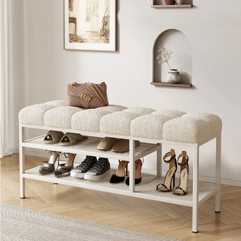 Nordic furniture shoe changing stool entrance hall shoe rack Light luxury shoe storage cabinet Cream wind metal rack low bench