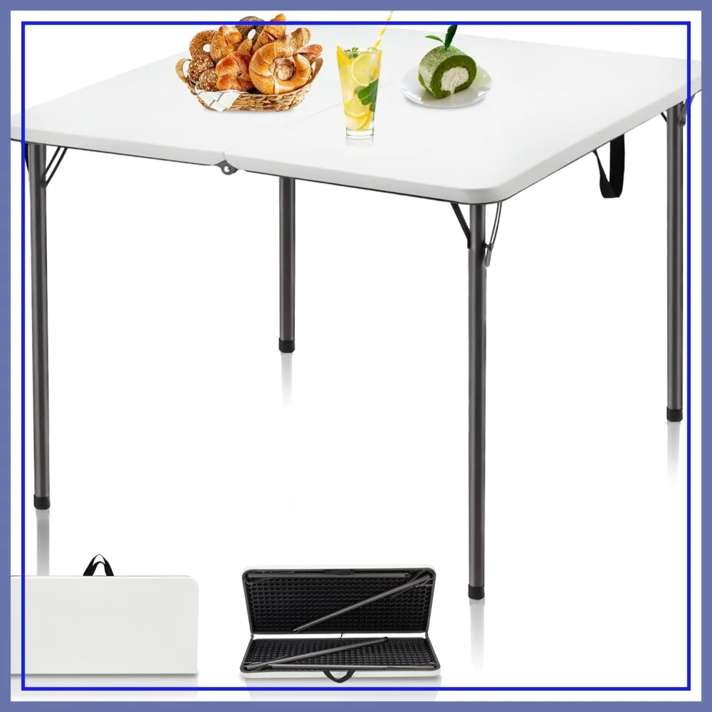 

34" Folding Square Card Table with Carrying Handle, Portable Plastic Table for Camping, Picnic, Office, Party, White