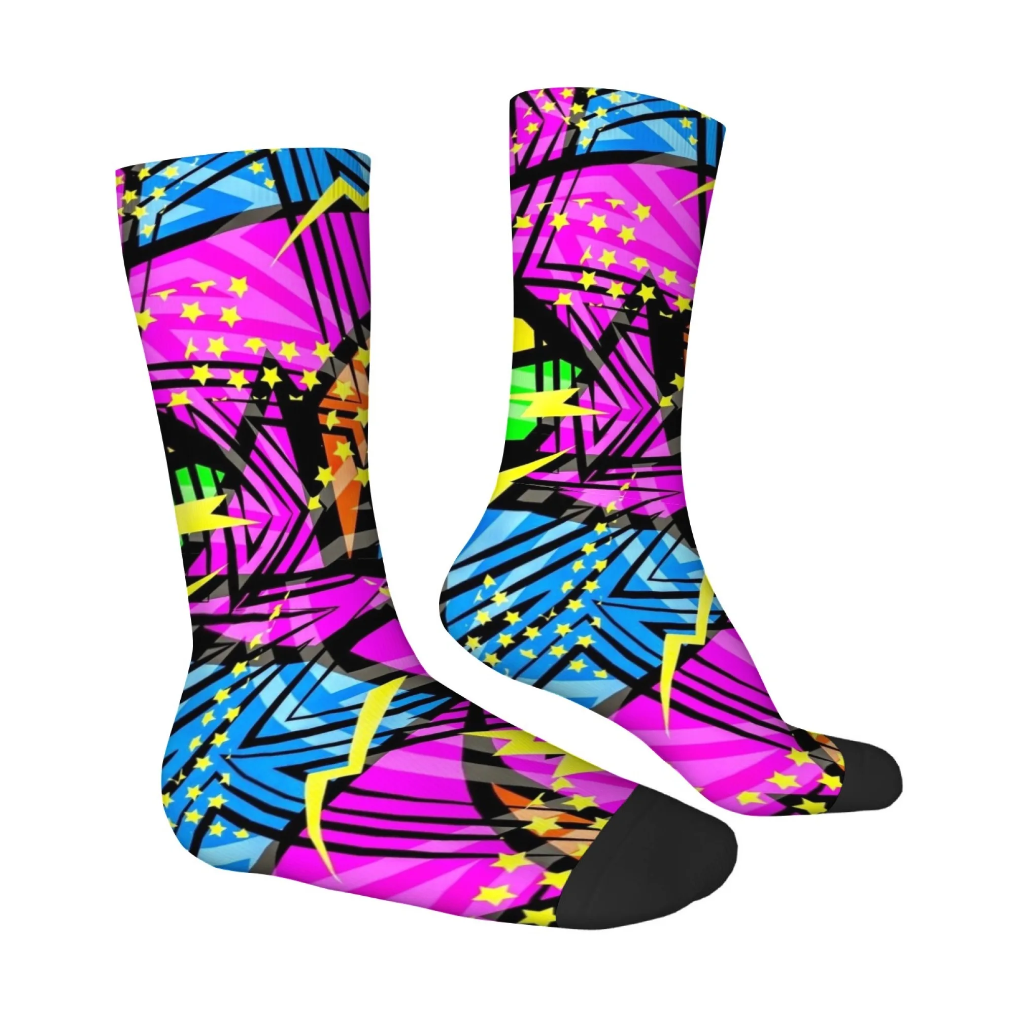 Neon Geometric Lightning and Star Print Mid-calf Socks High Retro-futuristic Trendy and Unique Soft and Comfortable Socks