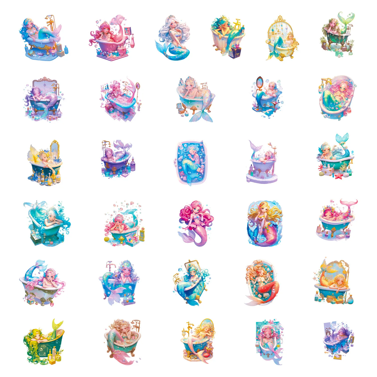 10/56PCS New Dreamy Mermaid Bathtub Graffiti Stickers Beautiful Mermaid Cartoon Decal Notebook Phone Guitar Skateboard Kid Toys