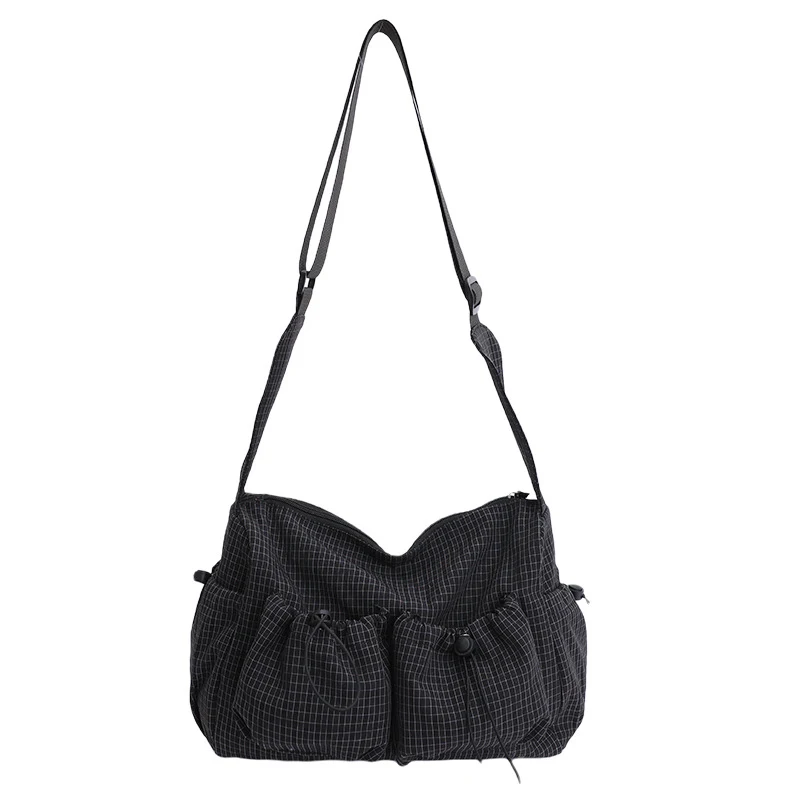 

Simple plaid tote bag for women2025New autumn large-capacity commuter shoulder bag with drawstring and pleated design, lightweig