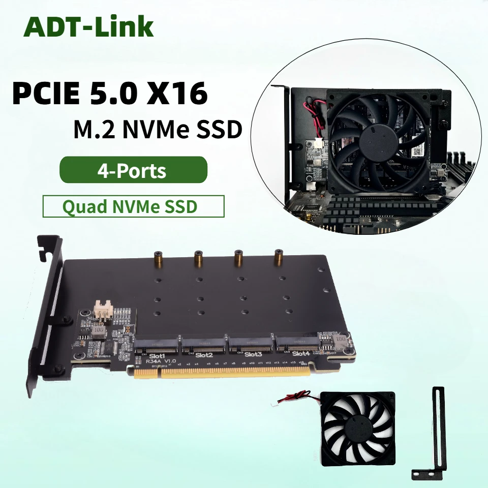 R34A PCIe 5.0 x16 To 4-Port M.2 NVMe Hard Disk Split Card 4x128Gbps 1 To 4 Expansion Bifurcation PCIe- Quad NVMe SSD To PCIe x16