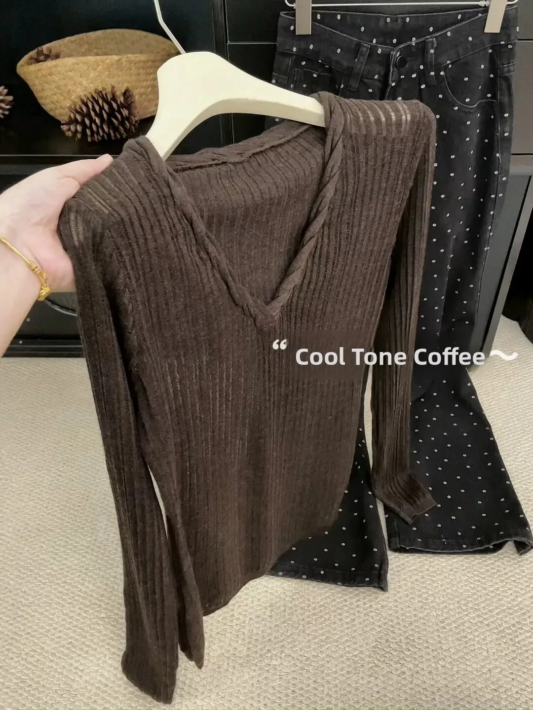 Slimming Long Sleeve V-Neck Knitwear Simple Knot Design Korean Style Casual Loose Fit Women's Top for Commuting Autumn Wear