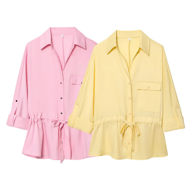 

Loose Bow Tie Blouse Women Summer Pocket Long Sleeve Korean Fashion Loose Blouses Shirts Lady Casual Tops Streetwear 2025
