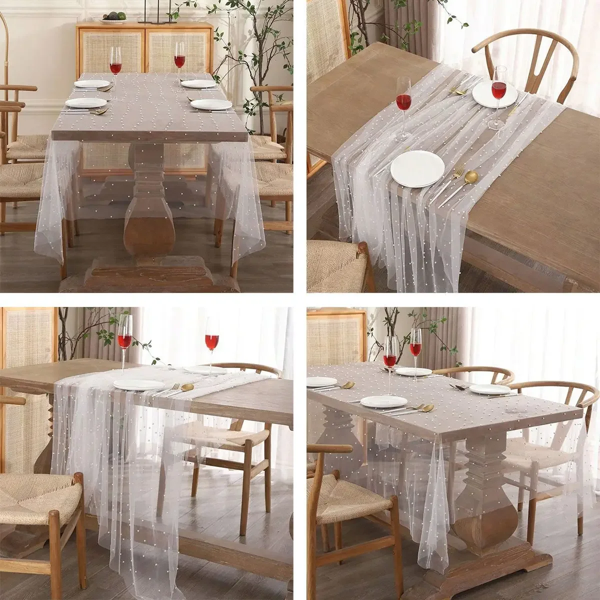 Pearl Tulle Table Runner Tablecloth White Table Cloth Wedding Veil Fabrics for Wedding Birthday Party Arch Dessert Table Decor