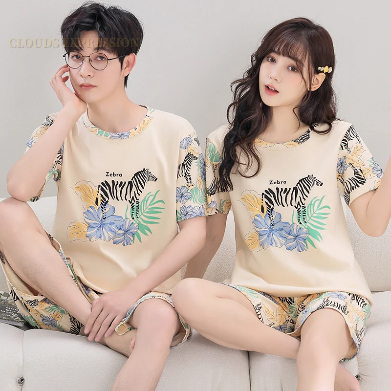 Summer New Knitted Cotton Couple Cartoon Men\'s Pyjamas Red Pajamas Set Casual Male Sleepwear Pyjamas Night Pijamas 3XL Homewear