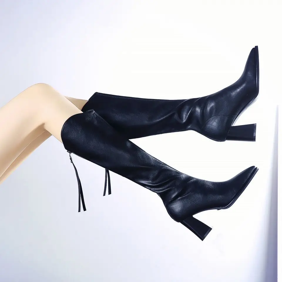Buty damskie ze szpiczastym noskiem eleganckie buty na obcasie damskie skórzane zimowe buty na kolanach długie obcasy 2024 buty Y2k