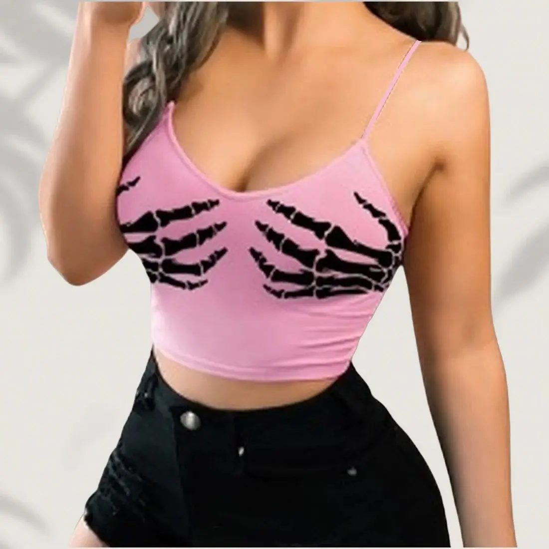 

2025 Women Camisole Low Cut Bodycon Crop Top Hand Print Gothic Sexy Close Fit Camisole Clubwear Summer Crop Top Women Vest