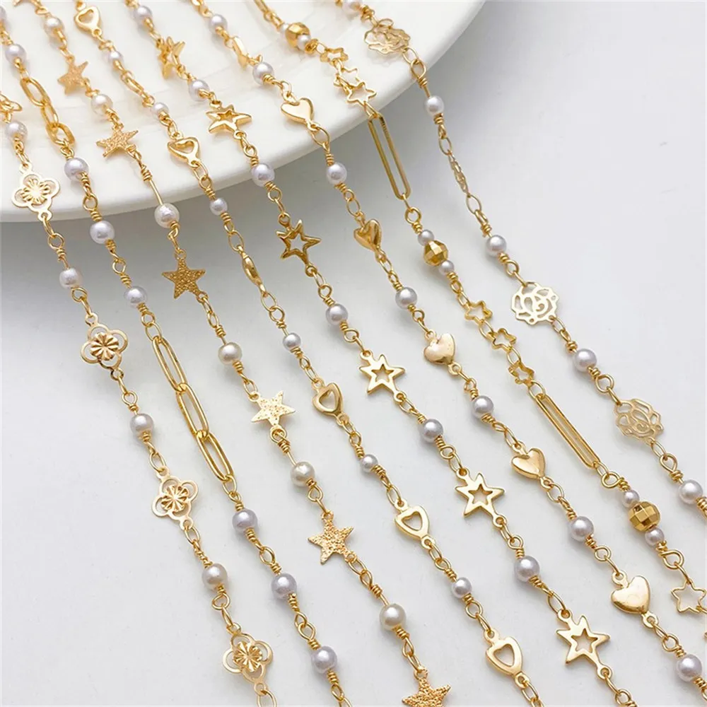 14K Gold Peach Heart Five Pointed Star Separated Pearl Chain Loose Chain Handmade DIY Bracelet Necklace Jewelry Material L033