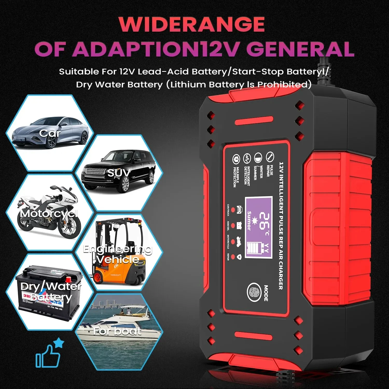 6A 12V Intelligent Battery Charger with LCD Display - Lead-Acid Battery Repair for Car & Motorcycle image 4