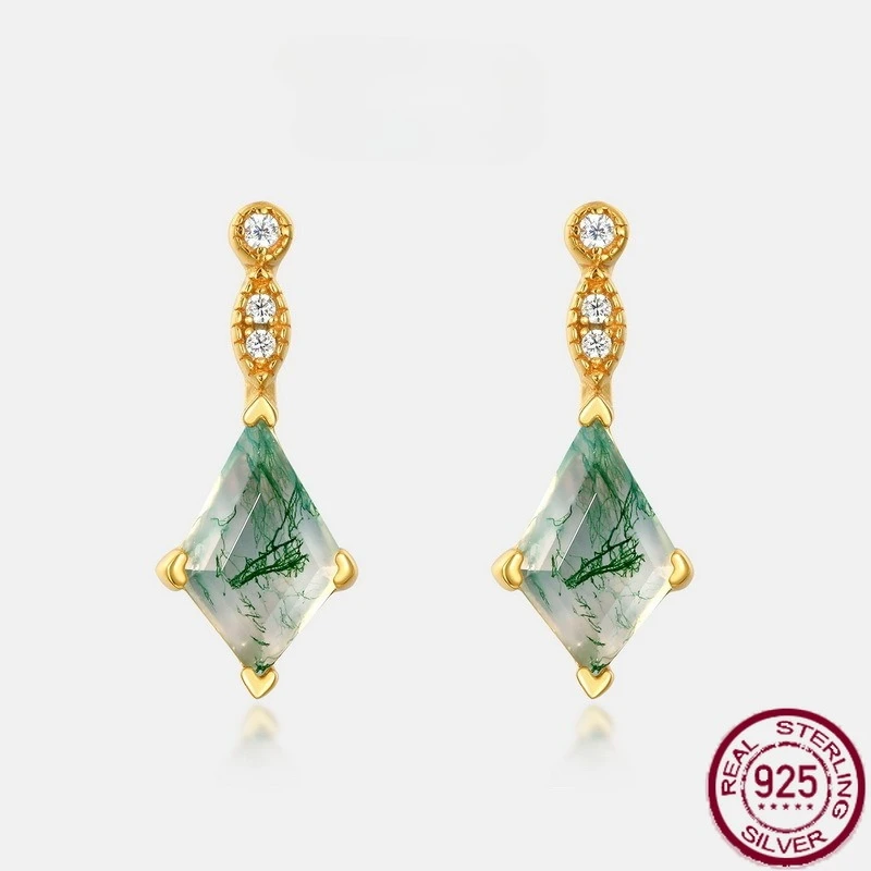 

New S925 pure silver water grass agate inlaid with green moss stone earrings, light luxury and grand wedding jewelry