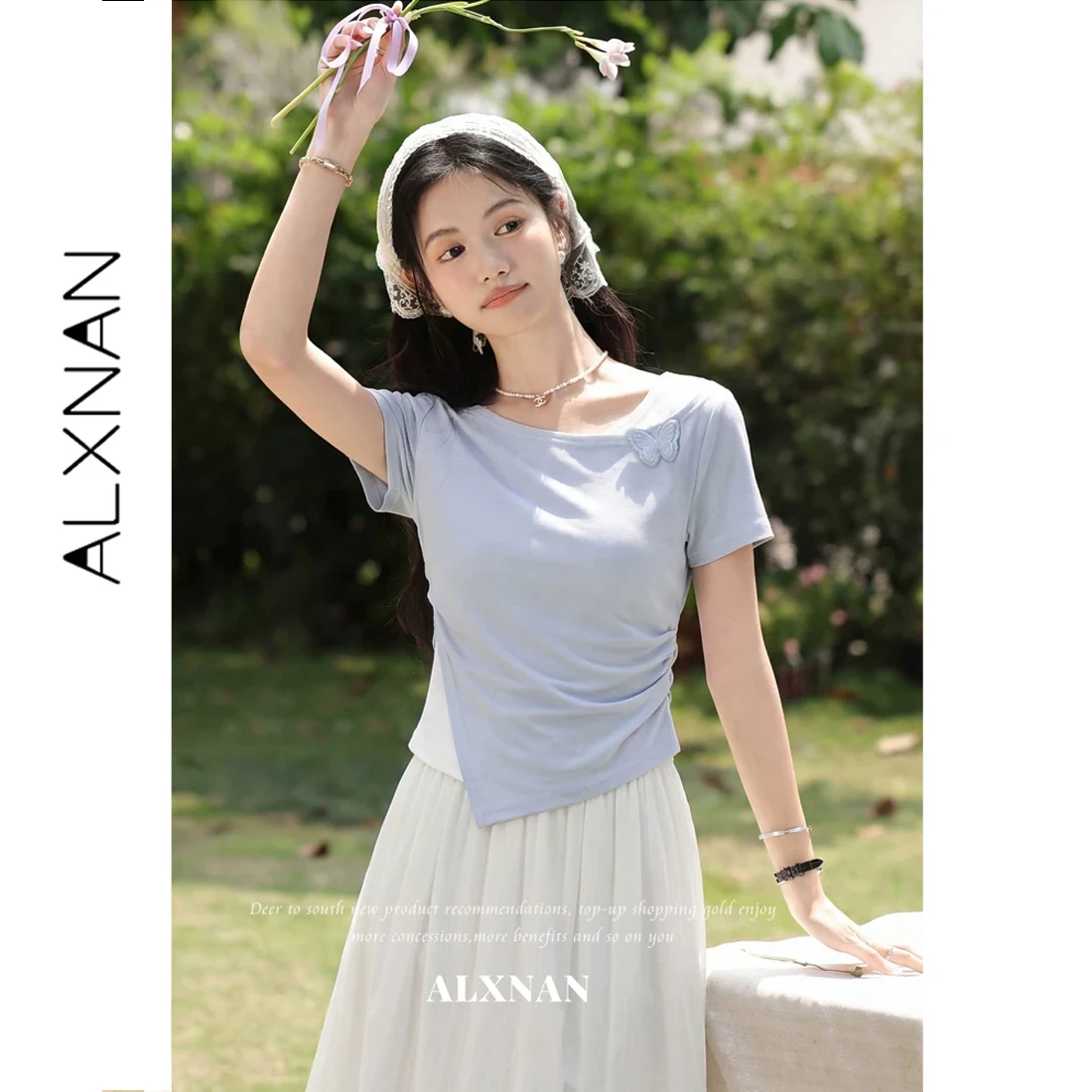 

ALXNAN Women's T-shirt Blue Fake Two-Piece Summer Short Sleeve Top Casual Cotton Tee Ladies 2026 Trend Female Clothing L63618A
