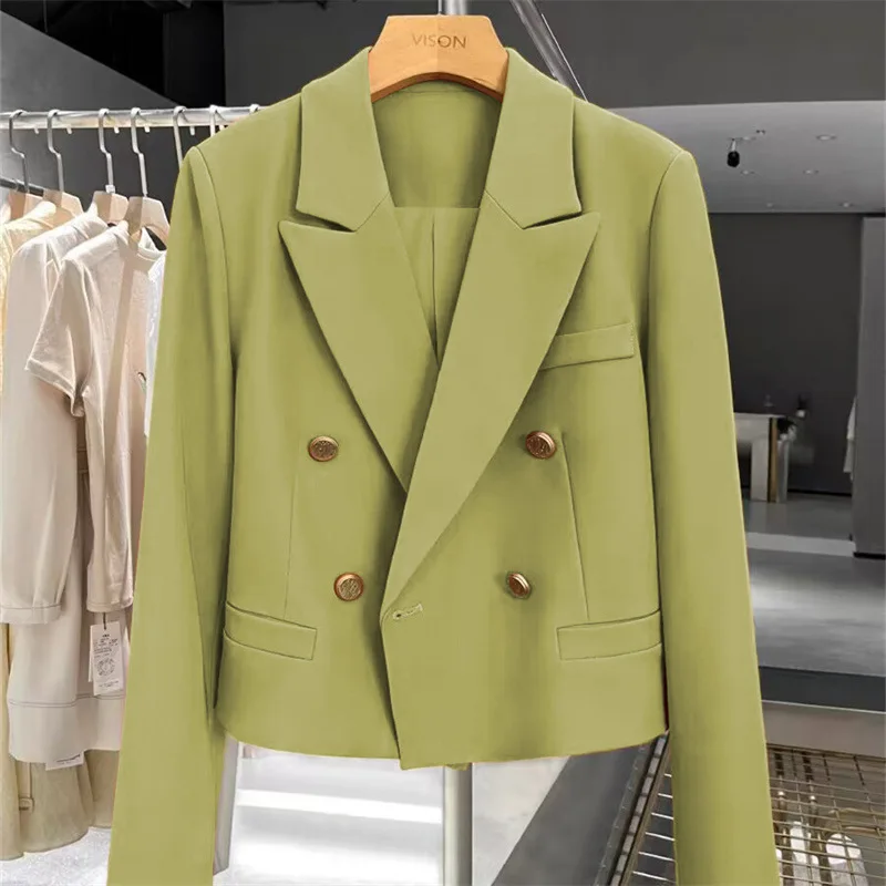 New Cropped Blazers for Women Fashion Double-Button Jacket Ladies Simple Casual Office Suit Coat Vintage Long Sleeve Outerwear