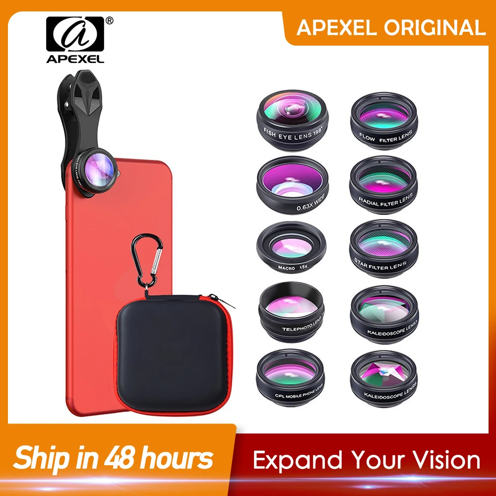 Kit Obiettivi 5-in-1 Per Smartphone – 198° Fisheye, 0.63X Grandangolare, Macro 15X, 2X Tele, CPL, Clip Universale In Alluminio