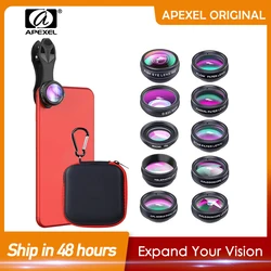 APEXEL 10 in 1 Mobile Phone Lens Kit Fisheye Wide Angle Telescope Macro Camera Lens Filter For iPhone 13 Samsung all smartphones