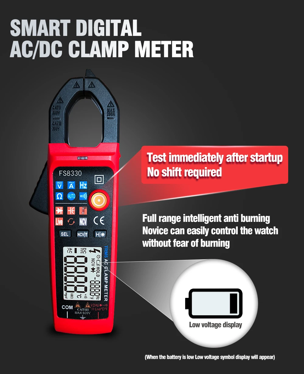 

QHTITEC Digital Clamp Meter Multimeter AC/DC Voltage Current Ammeter Amperimetric Tester Capacitance Diode NCV Auto Range FS8330