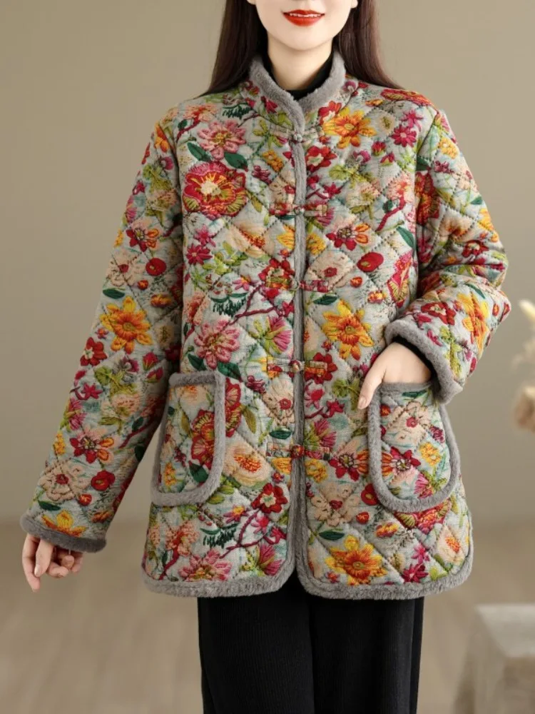 

Women's Fleece Lined Short Jacket Lightweight Warm Home Cotton Clothes Diamond Print Button up Coat Large Size Winter Coat