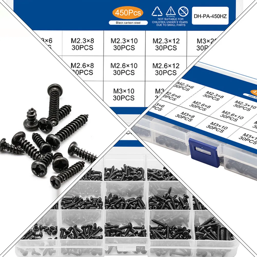 450Pcs Round Self Tapping Screws For For Glasses Mechanics Cross Premium Hard Carbon Steel Non