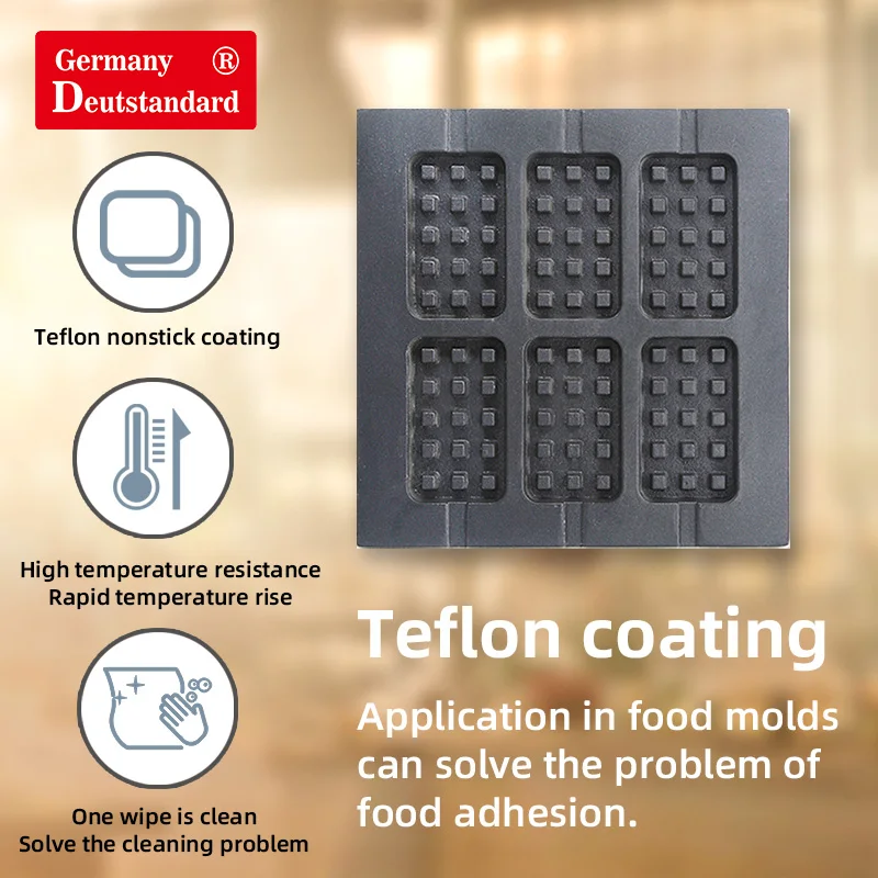 プロの正方形のワッフル製造機,6ユニット,長方形,ベルギーのステンレス鋼,焦げ付き防止テフロンワッフル,スナック装置
