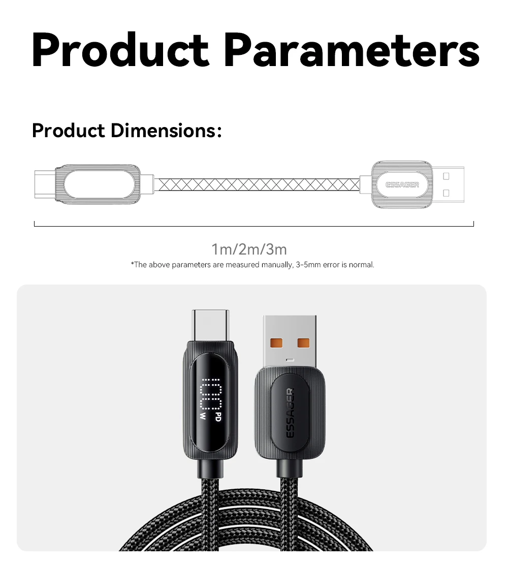 Essager 100W USB to Type C Cable Fast Charging Digital Display USB C Cable for iPhone 15 Samsung Huawei Xiaomi OPPO Data Cord