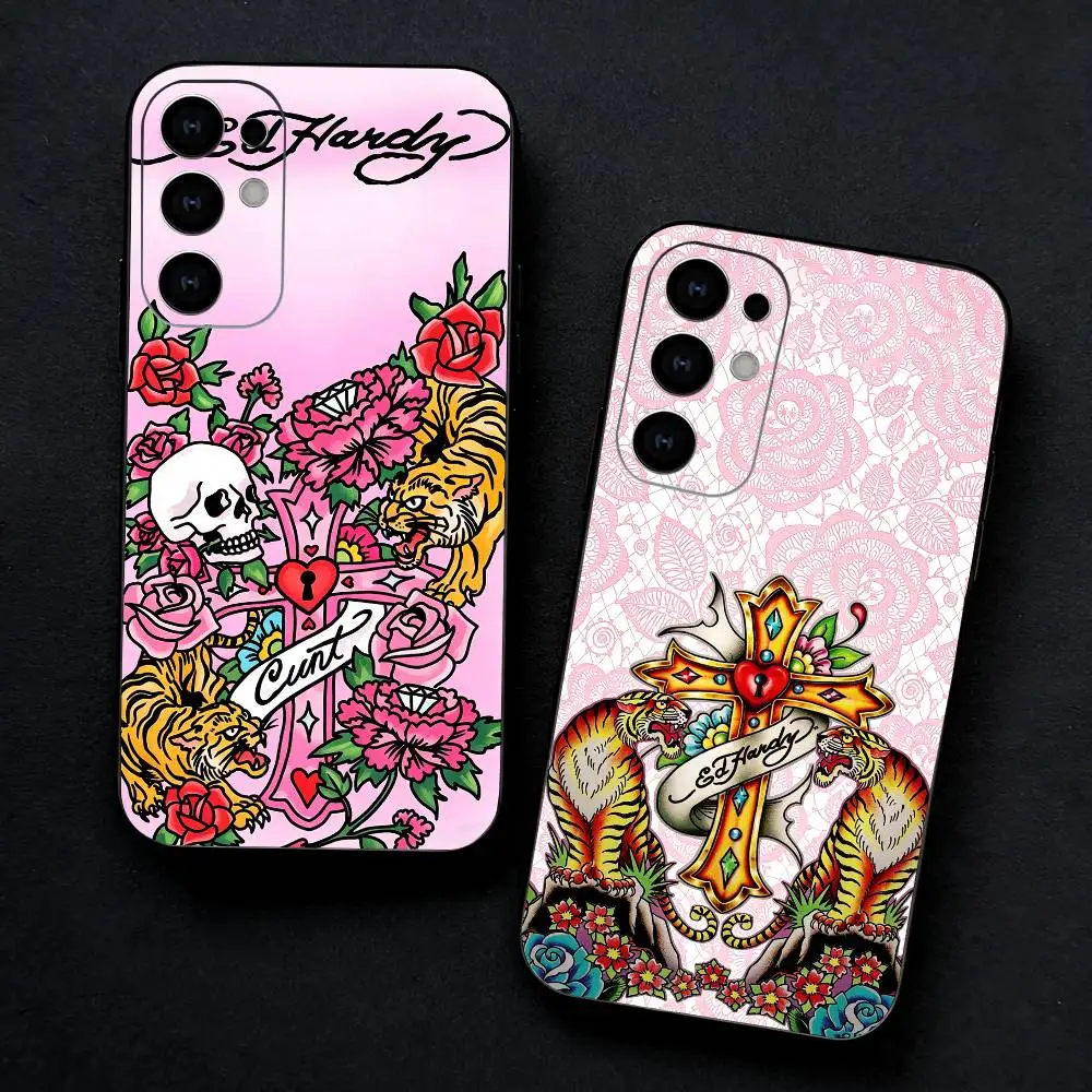 Fashion Brands E-Ed Hardy Phone Case For Samsung S25,24,23,22,30,21,10,9,Ultra,Plus,FE 5G Black Soft Case